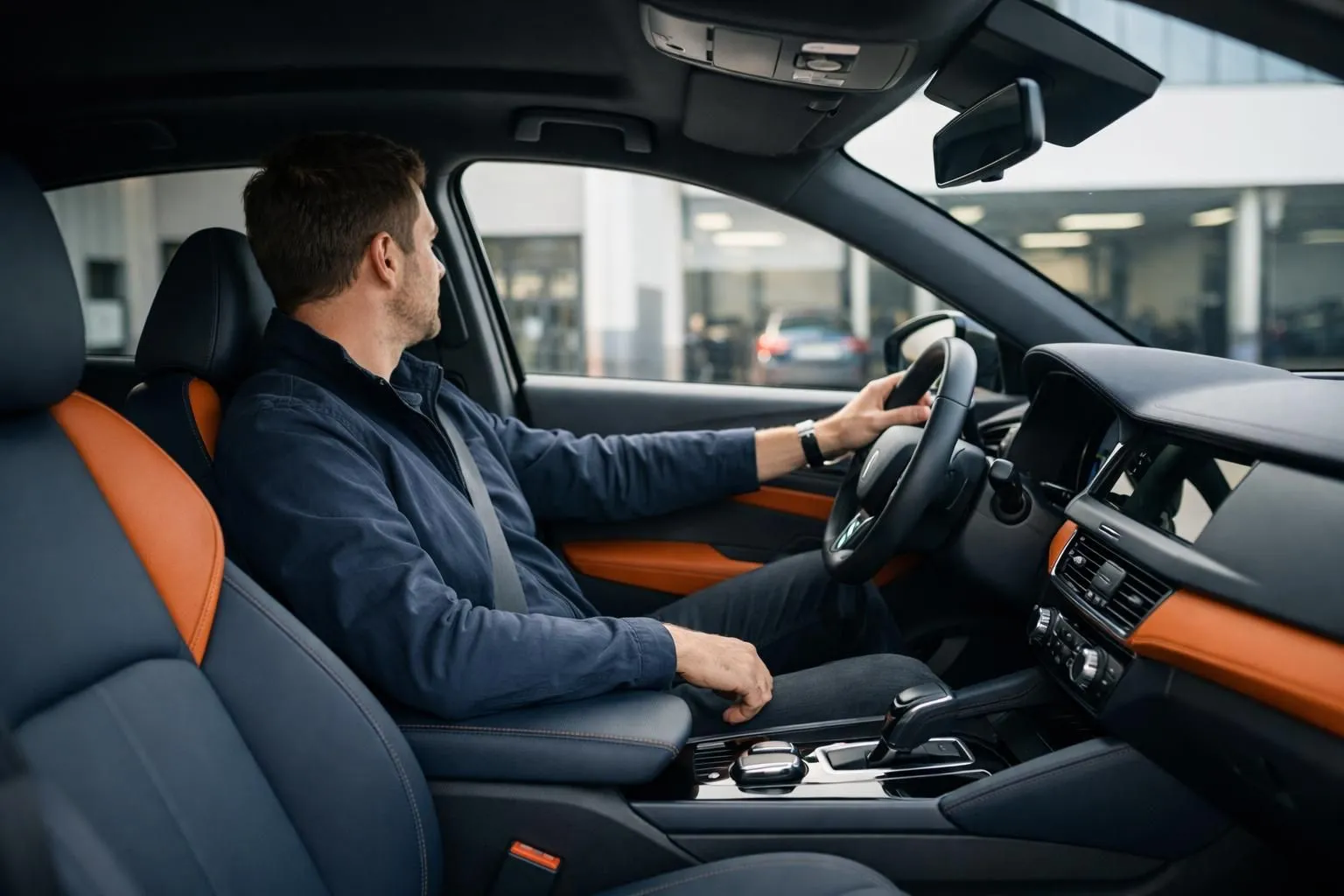 Modern car interior showcasing professionally tinted windows with visible sun protection benefits, driver enjoying comfort, natural light filtering through quality film, professional automotive service setting in Lausanne