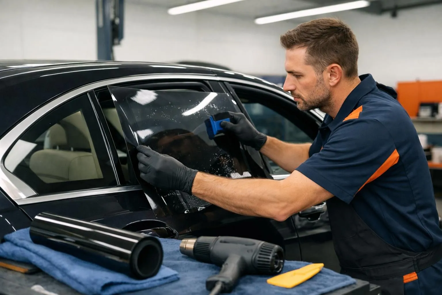 Professional automotive technician carefully applying high-quality window tinting film to the side window of a luxury sedan in a modern, well-lit Swiss car workshop, showing precise installation technique with specialized tools and premium ceramic film material visible