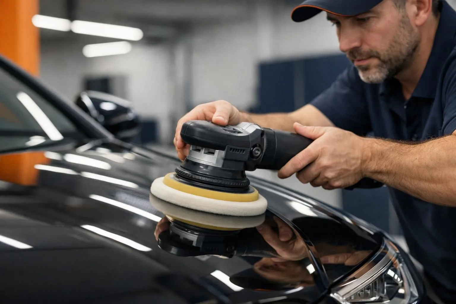 Professional car detailer polishing a luxury vehicle in a modern workshop, close-up of polishing machine on glossy car paint, realistic lighting showing reflective surface transformation