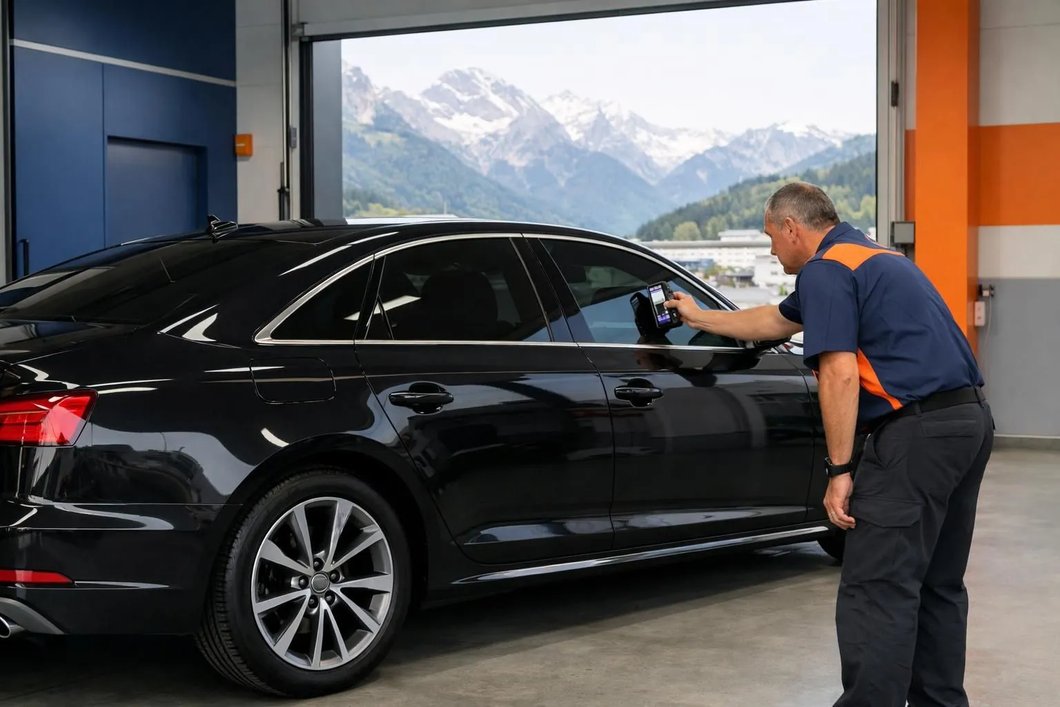Modern sedan with professionally tinted windows parked at Swiss vehicle inspection center, with inspector examining side window using light transmission meter, Swiss mountains visible in distance, realistic automotive photography style