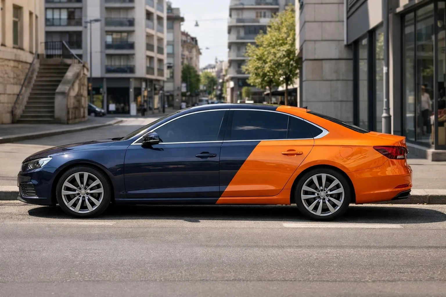 Elegant modern sedan with dark tinted windows parked in Lausanne urban street setting, sunlight reflecting off sleek glass surfaces, professional automotive styling, side profile view showing contrast between tinted and untinted areas