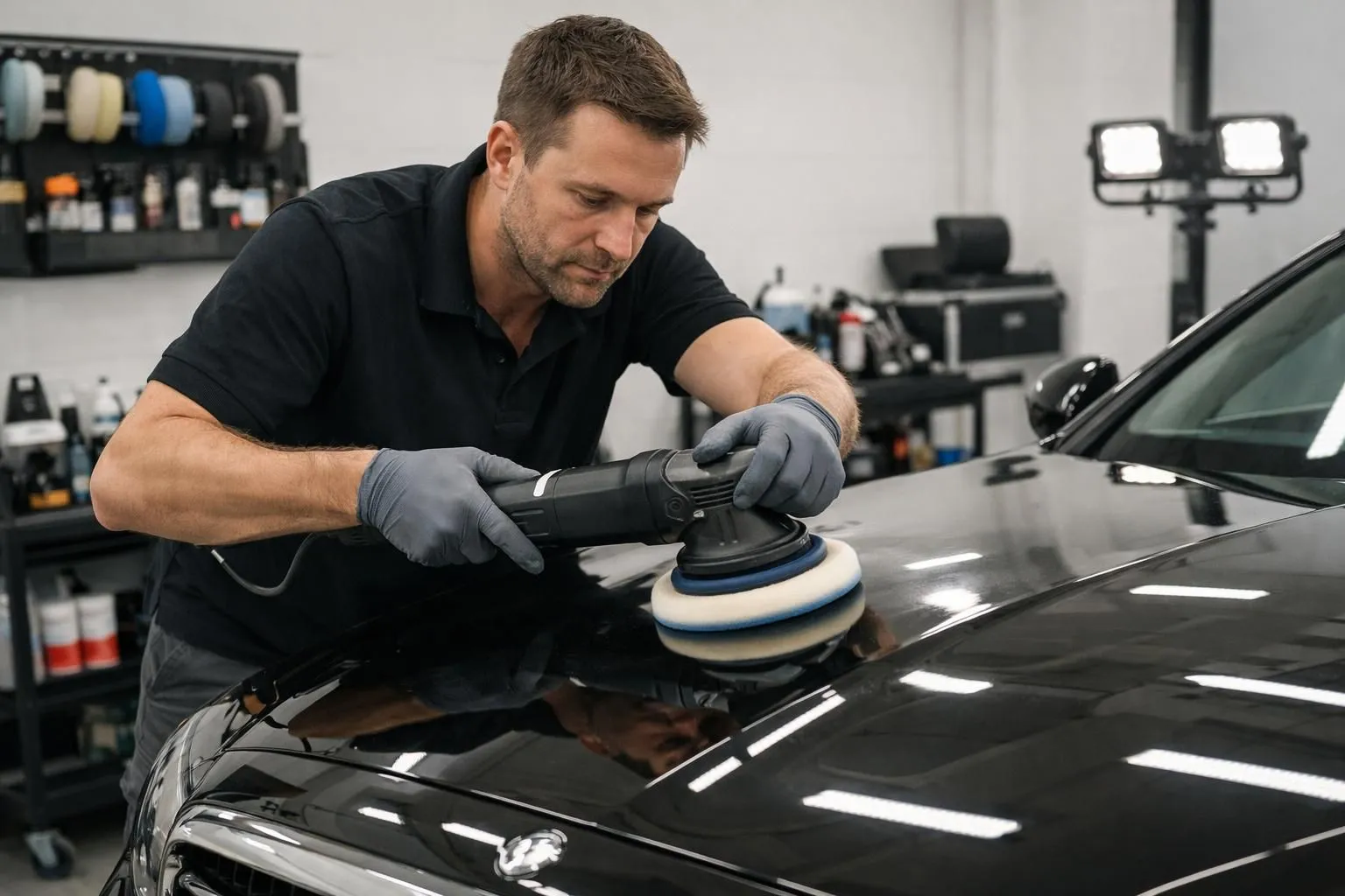 Professional technician performing paint correction and polishing on luxury car's hood in bright modern detailing workshop with specialized equipment visible, showcasing detailed automotive care work
