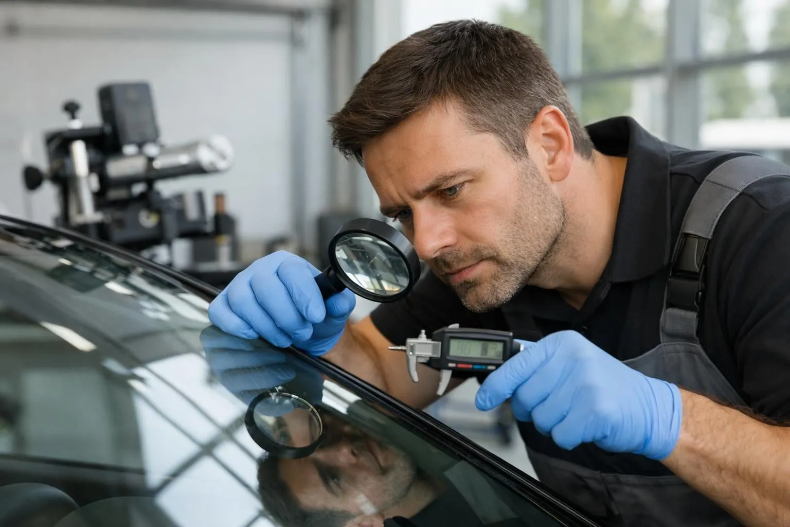 Professional technician in clean workshop carefully inspecting windshield crack with magnifying tool and measuring device, modern automotive glass repair equipment visible in background, natural daylight streaming through large windows, close-up view of damaged windshield showing detailed crack pattern