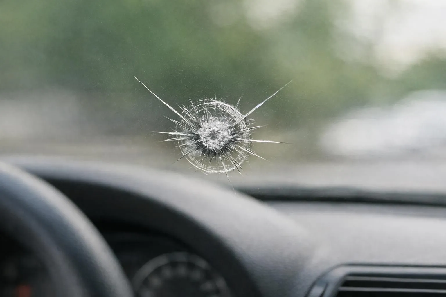 Close-up photograph of a small circular impact point on a car windshield with a hairline crack beginning to extend from it, photographed from inside the vehicle with blurred dashboard visible in background, natural daylight showing the damage detail clearly