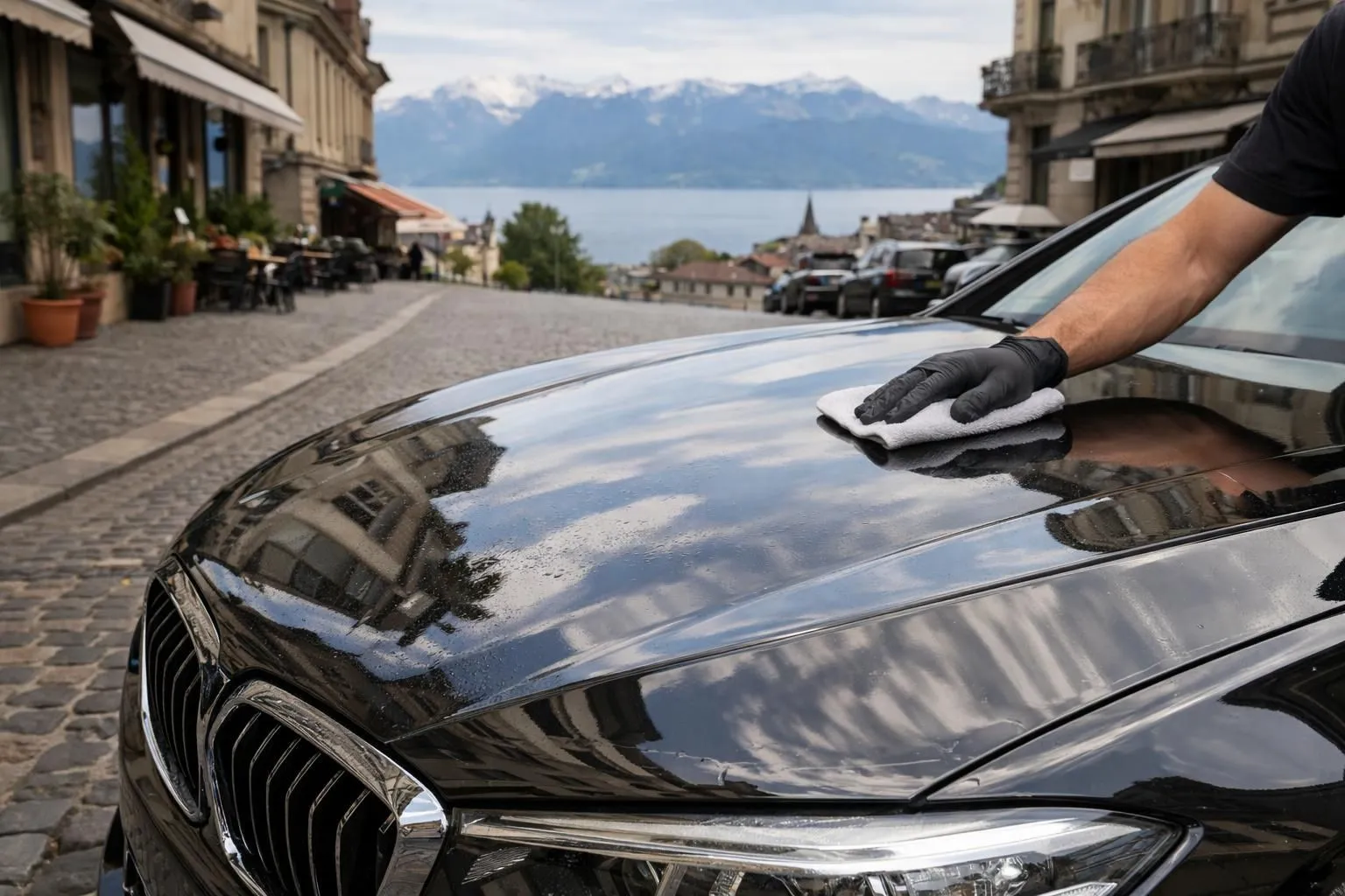 Luxury sedan parked on cobblestone street in Lausanne with visible protection film on hood, close-up showing transparent PPF layer catching sunlight, Swiss Alps visible in background, professional automotive detailing scene