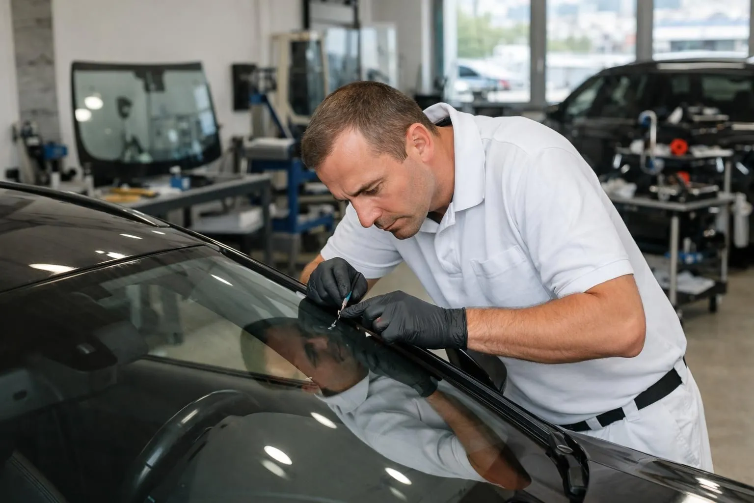 Professional technician in clean white uniform carefully inspecting windshield crack on modern vehicle in well-lit specialized garage workshop in Lausanne, technical equipment and safety tools visible on workbench, focused concentrated work environment showcasing expertise in automotive glass repair
