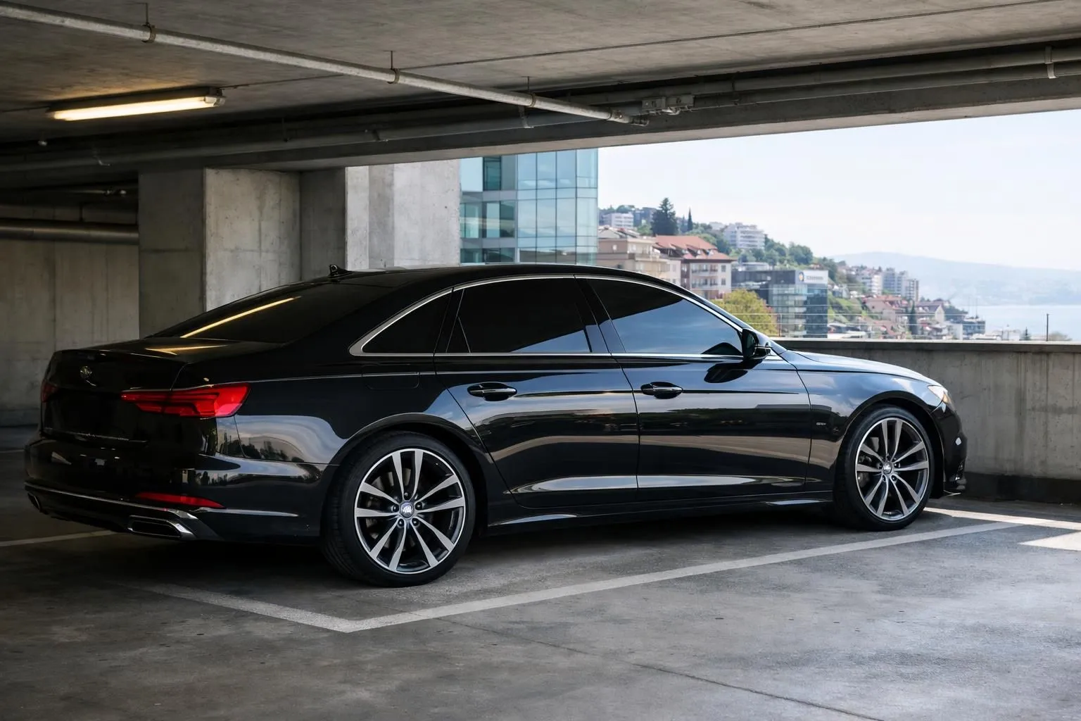 Close-up view of a modern luxury vehicle with professionally installed dark tinted security film on side windows, parked in an underground parking garage in Lausanne with visible Swiss urban architecture through concrete pillars, natural lighting showing film quality and protection, no text or labels visible