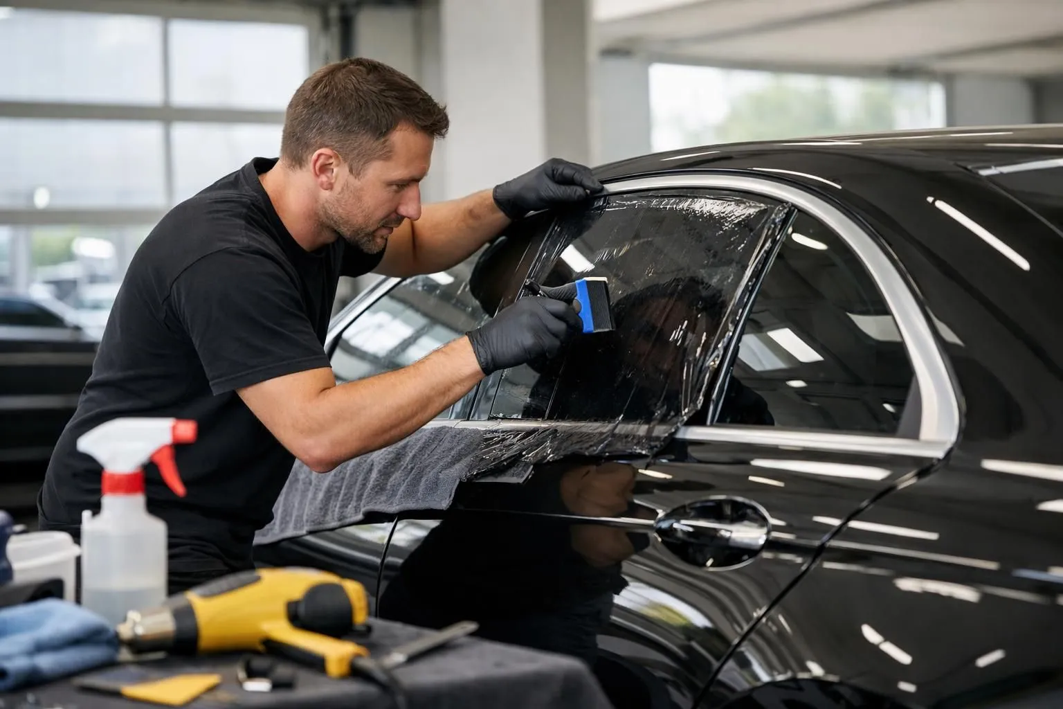 Professional automotive technician in modern workshop carefully applying ceramic window tint film to side window of luxury sedan, precision tools visible, clean industrial setting with natural lighting highlighting the meticulous installation process