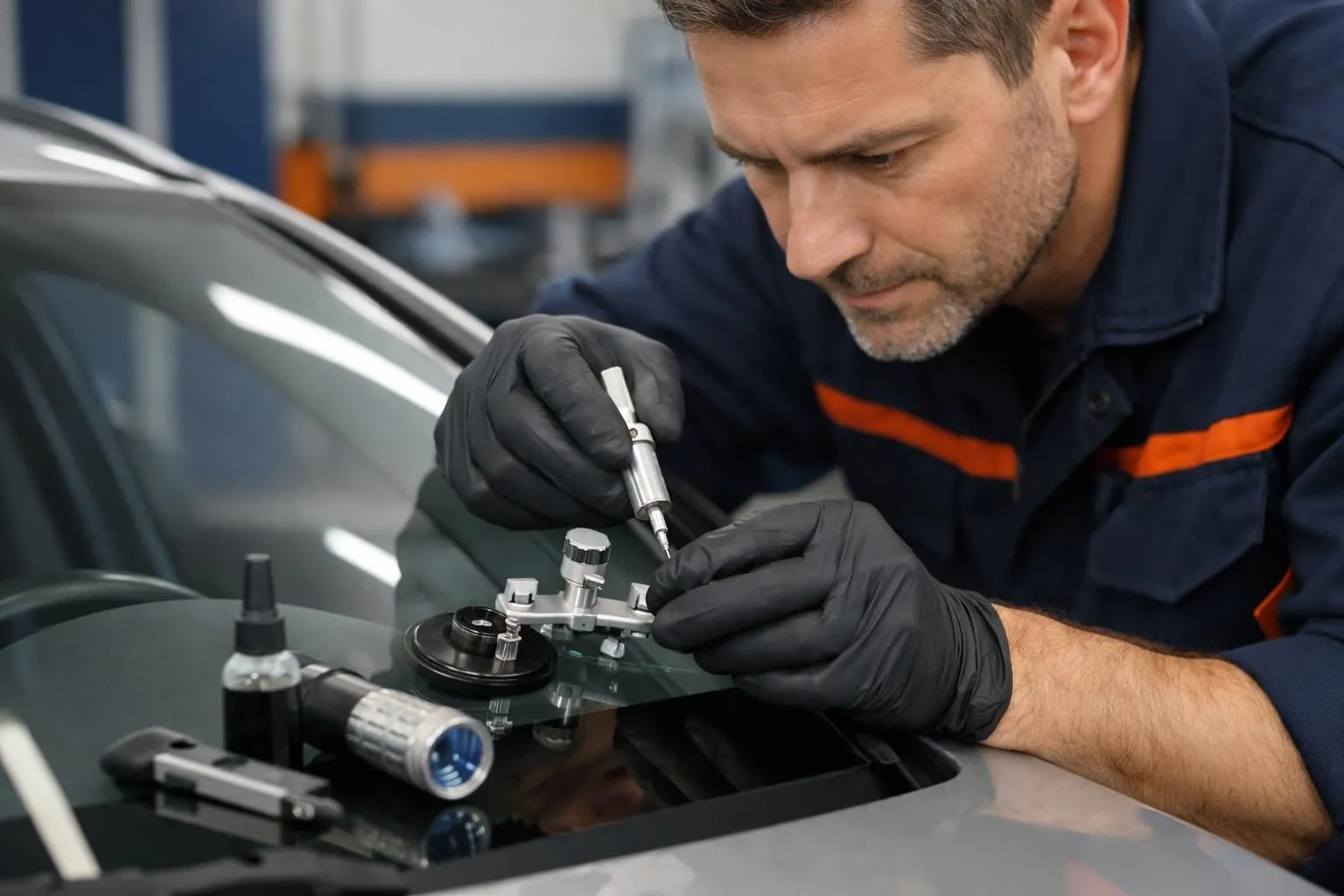 Professional technician in a modern workshop carefully applying resin to repair a small windshield crack on a silver car, showing precision tools and close-up detail of the repair process in bright lighting