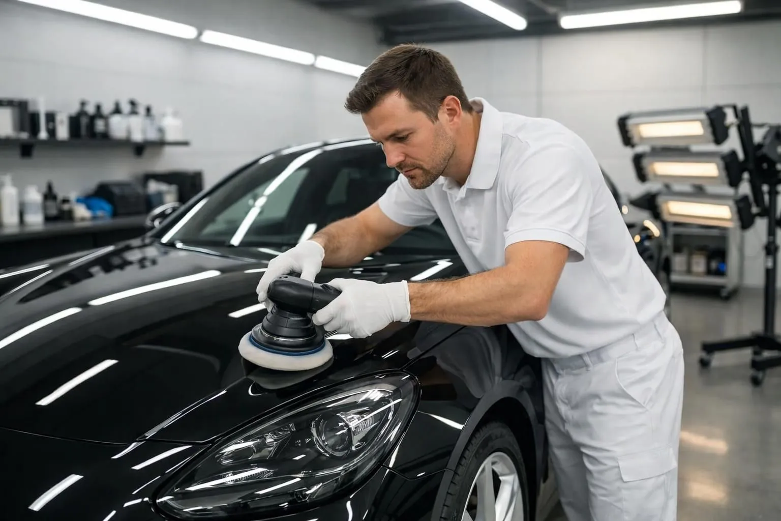Professional automotive detailer in white uniform carefully polishing black luxury car exterior in modern Swiss detailing workshop with professional ceramic coating equipment and LED lighting