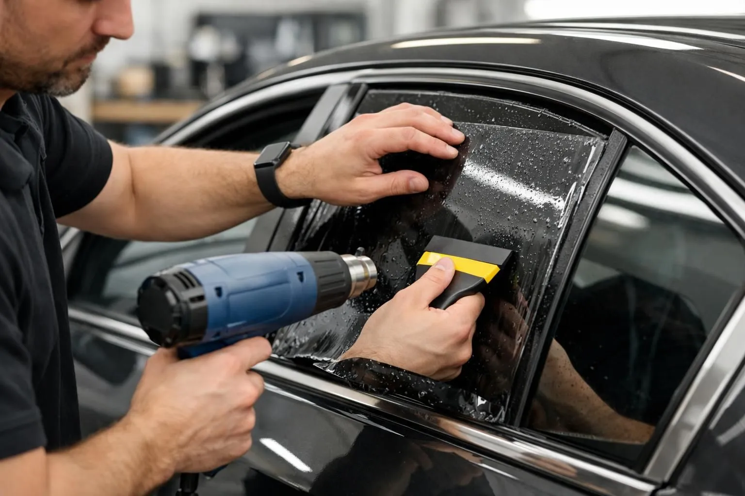 Professional automotive technician carefully applying high-quality window tint film to the side windows of a modern sedan inside a clean, well-lit garage workshop in Vaud, Switzerland, showing precise installation technique with specialized tools and squeegee, no text or labels visible