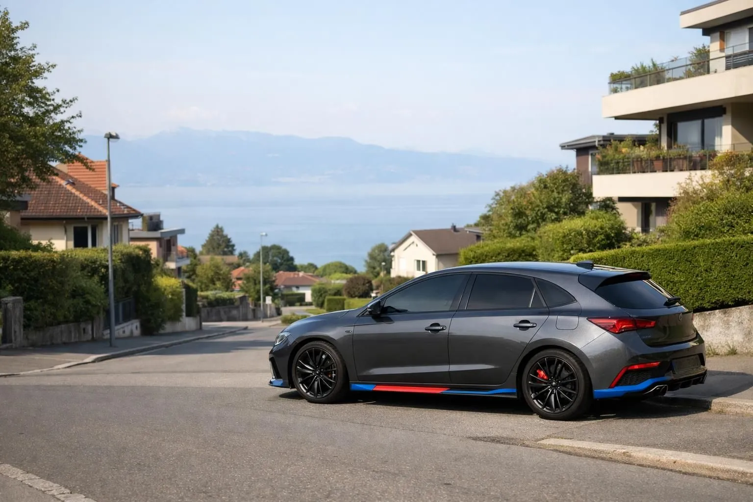Close-up of a dark luxury sedan parked on a cobblestone street in Lausanne's old town district, showing professionally tinted side windows with visible sun reflection, Lake Geneva visible in the blurred background, warm afternoon lighting