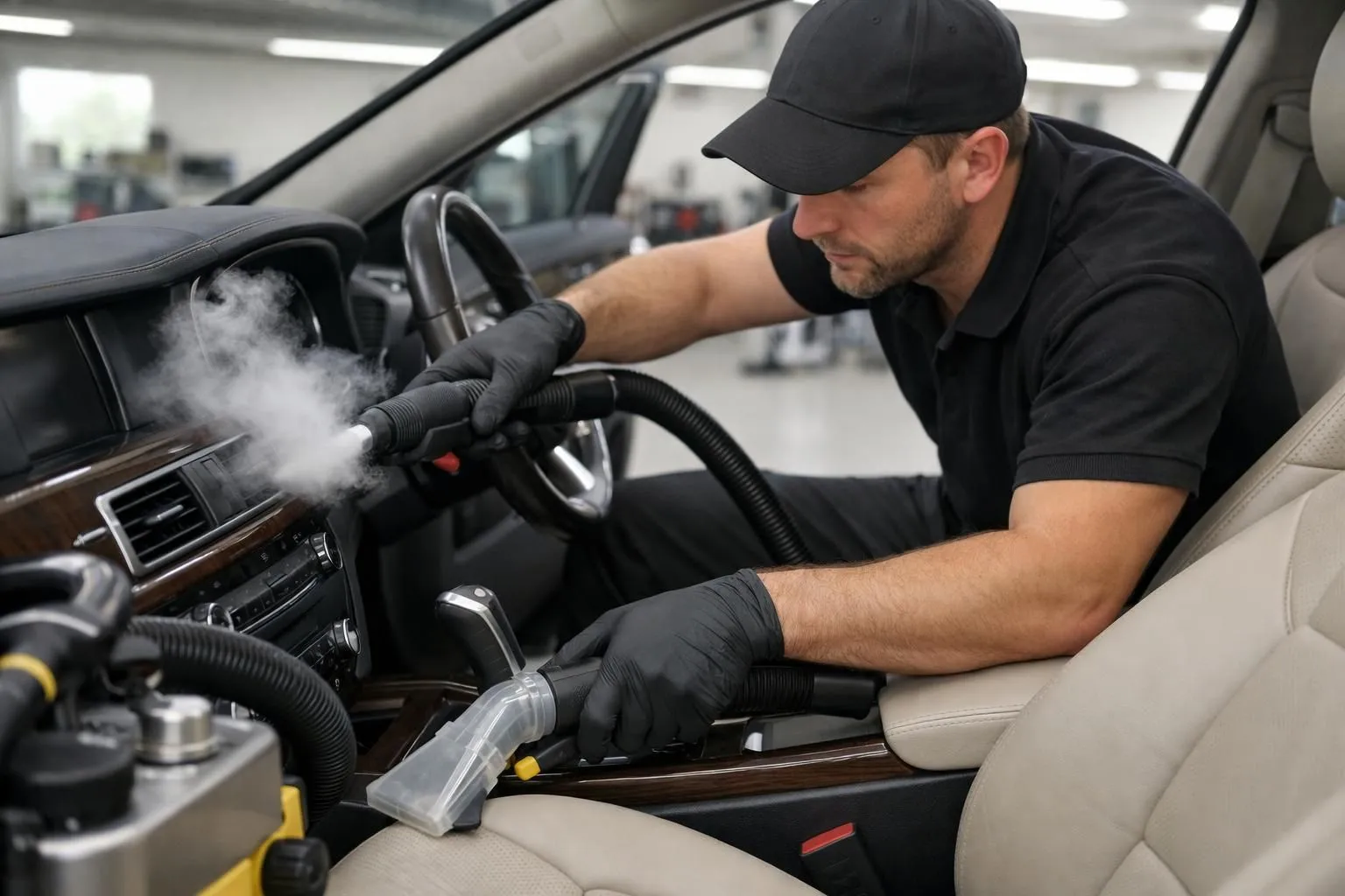 Professional detailer using specialized vacuum and steam cleaning equipment on luxury car leather seats and dashboard, showing meticulous attention to detail in a well-lit automotive workshop, close-up perspective emphasizing the precision cleaning process