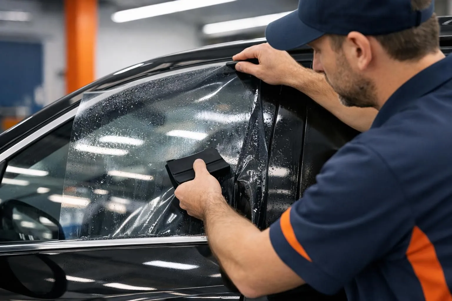 Close-up professional photo of a car side window with a semi-transparent tinted film being applied by a technician wearing gloves, showing the installation process with visible reflection and light transmission through the dark film, modern automotive workshop setting with clean lighting, no text or labels visible