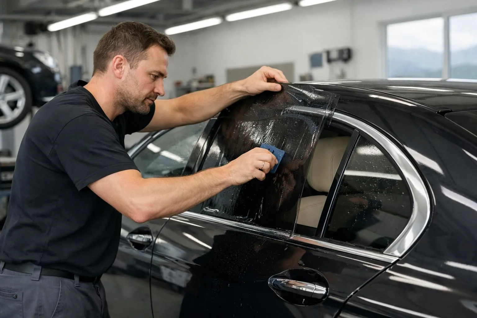 Professional automotive technician carefully applying high-quality window tint film on luxury sedan in modern well-lit workshop in Vaud Switzerland, showing precision installation process and attention to detail