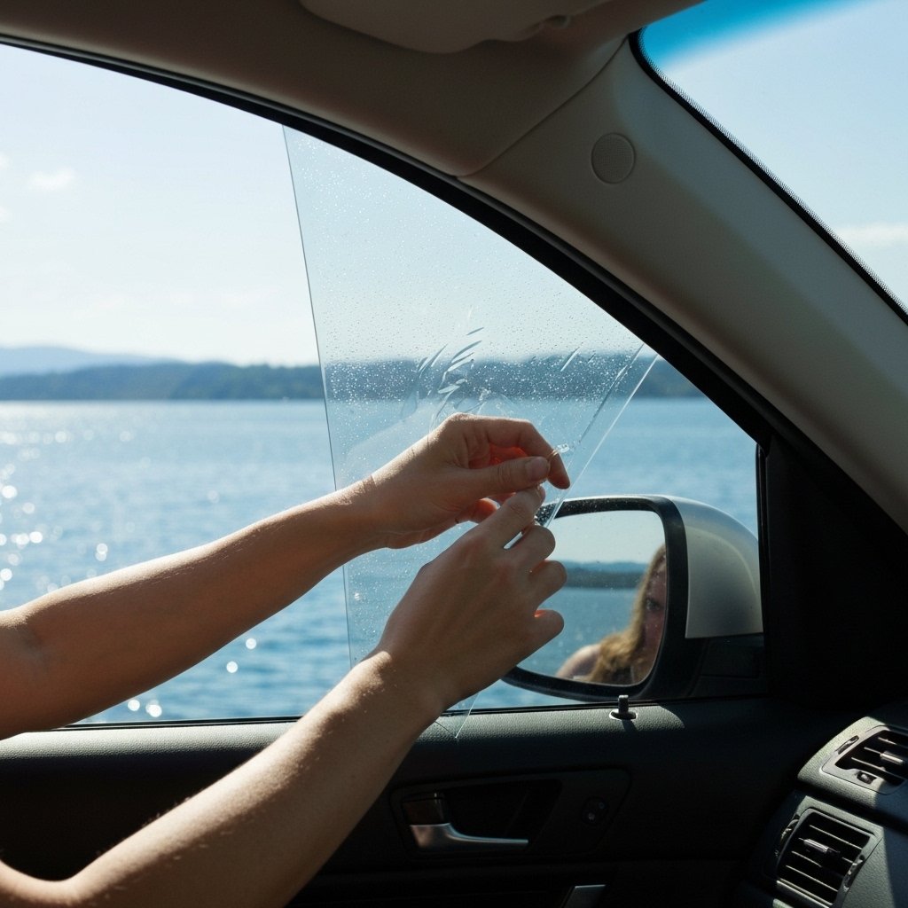 Vue depuis l'intérieur d'une voiture avec vitres teintées, montrant un confort ombragé par une journée ensoleillée, avec le lac Léman visible en arrière-plan pour la touche locale.