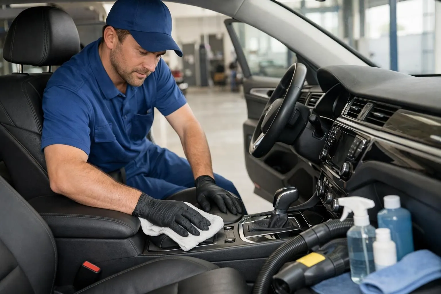 Professional car interior detailing service in progress inside a modern vehicle, showing a technician in blue uniform carefully cleaning leather seats with specialized equipment, dashboard and center console visible with pristine finish, vacuum hose and cleaning products on passenger seat, soft natural lighting through car windows highlighting the thorough cleaning process, realistic automotive service environment in Lausanne Switzerland