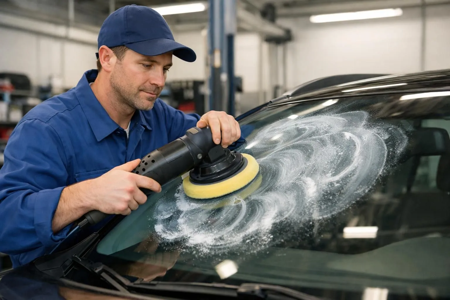 Professional automotive technician in blue uniform carefully polishing a car windshield with a specialized polishing machine in a modern, well-lit workshop garage, focusing on scratch removal technique with cerium oxide compound visible on the glass surface