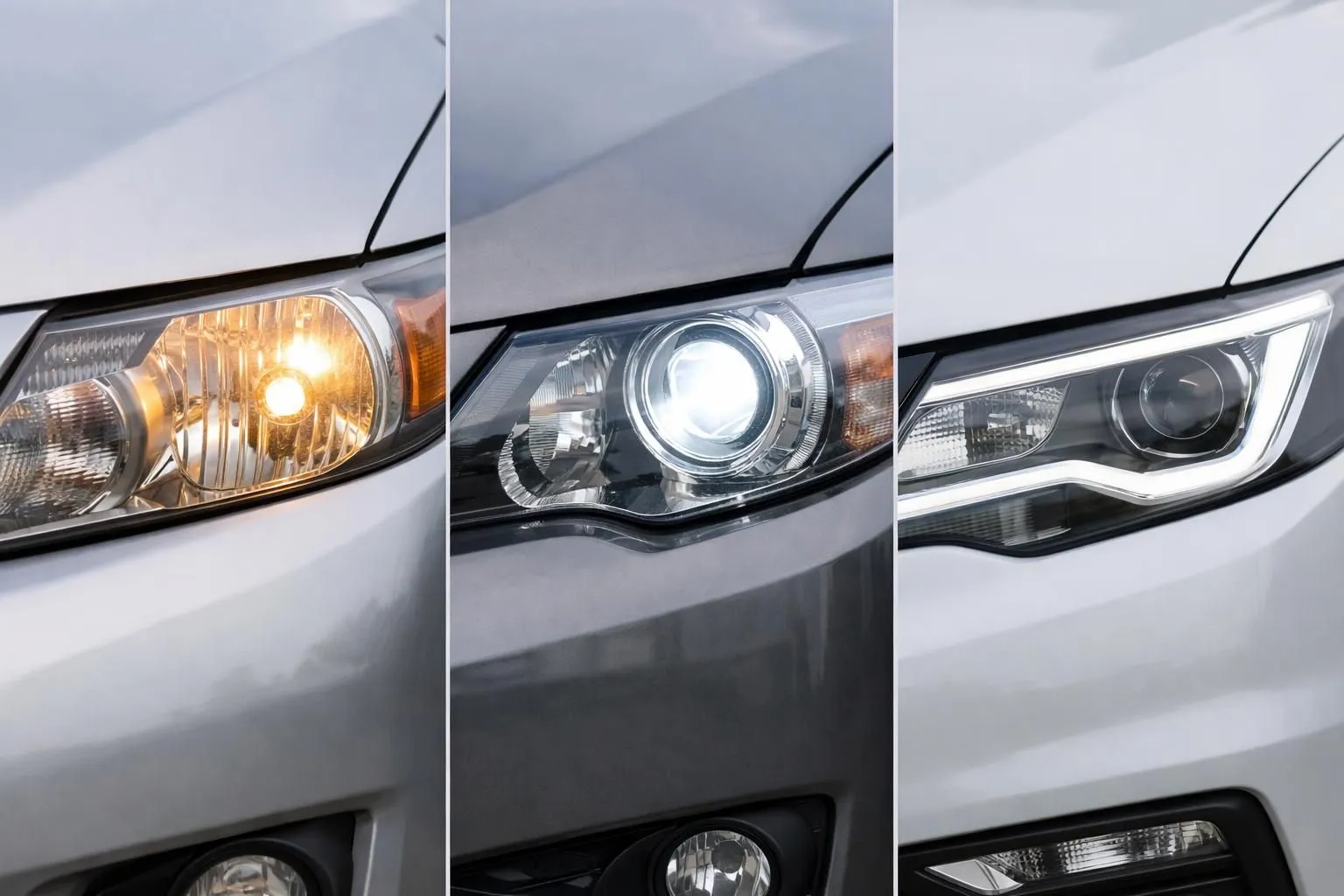 Close-up comparison showing three different car headlight technologies side by side on modern vehicles, with halogen, xenon and LED lights visible in realistic automotive setting, professional lighting comparison without any text or labels