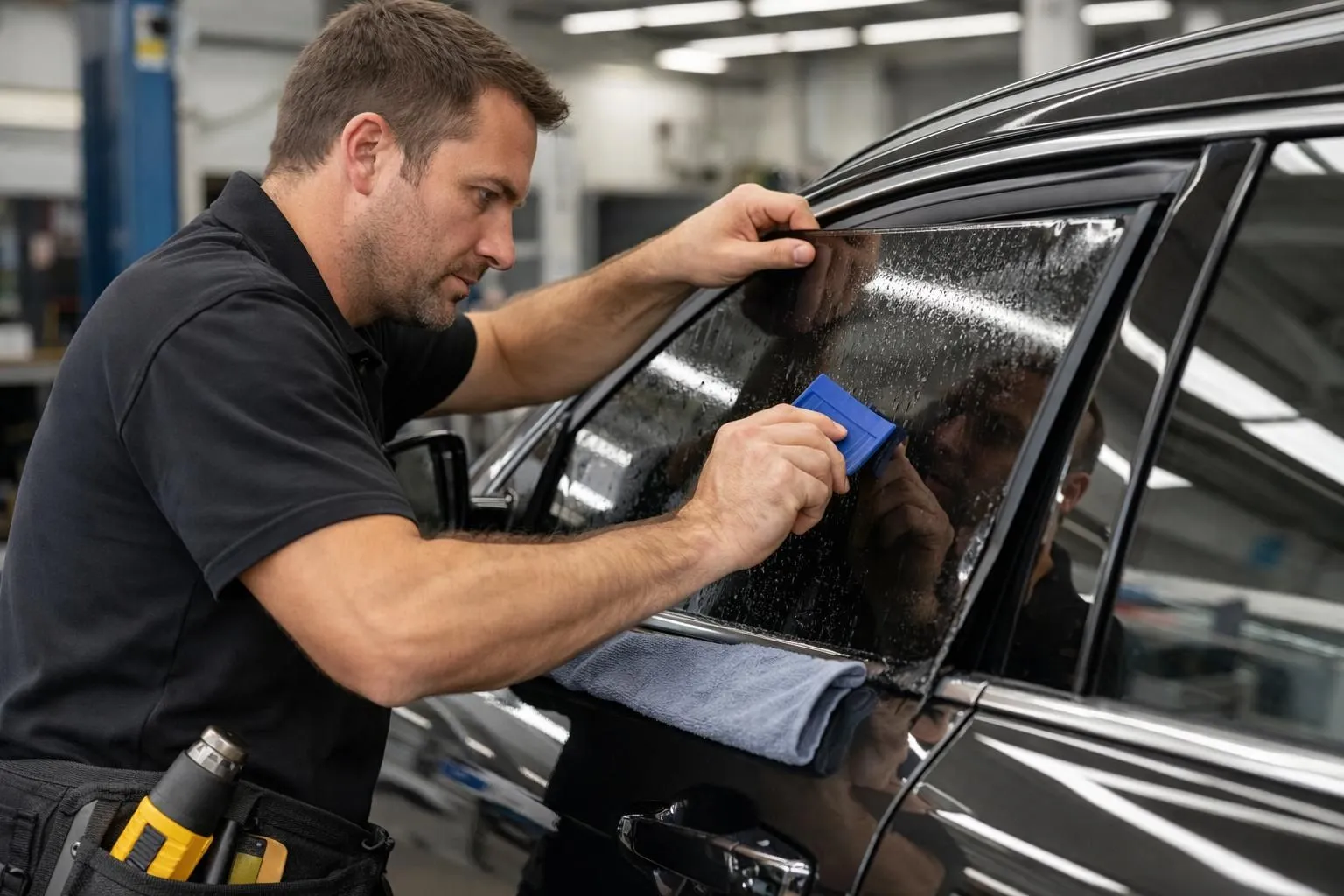 Professional automotive technician carefully applying premium ceramic window tint film to modern car window in specialized workshop, focusing on precision installation with professional tools, Lausanne automotive service environment