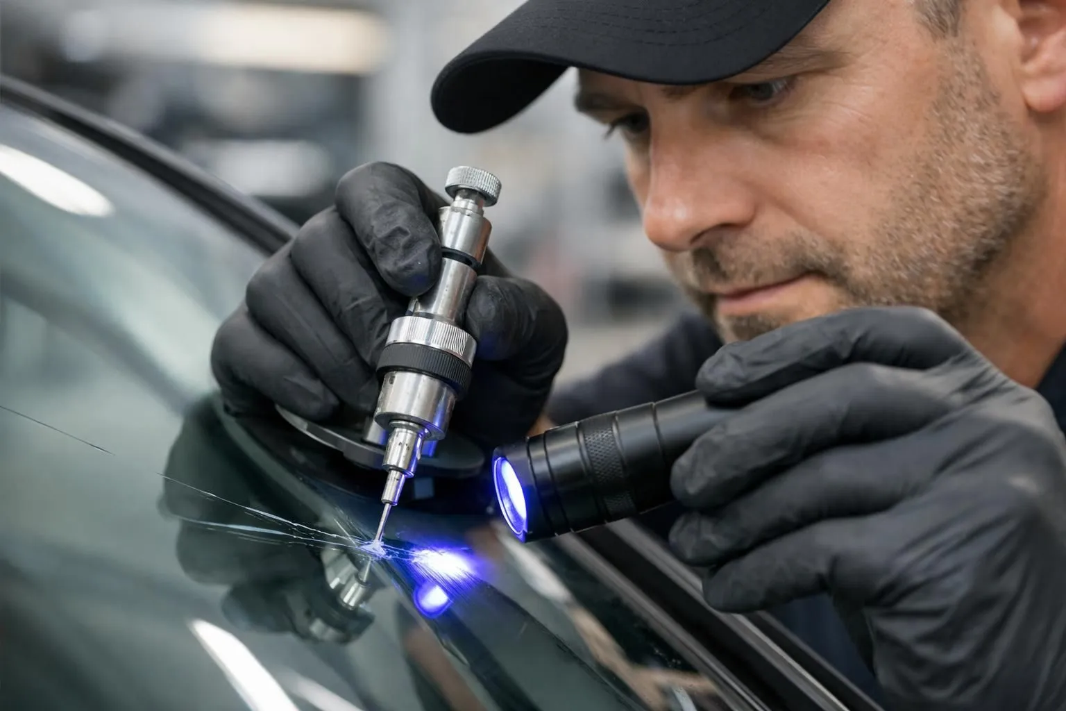 Professional automotive technician carefully injecting clear resin into a windshield crack using specialized repair tool with UV curing lamp on modern car, close-up shot showing precision work and professional equipment in bright workshop setting