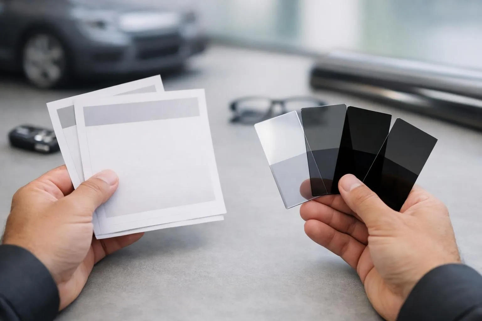Professional hands holding multiple warranty certificates and window tinting film samples of varying darkness levels arranged on a desk, showing quality comparison between different ceramic and standard films for automotive applications