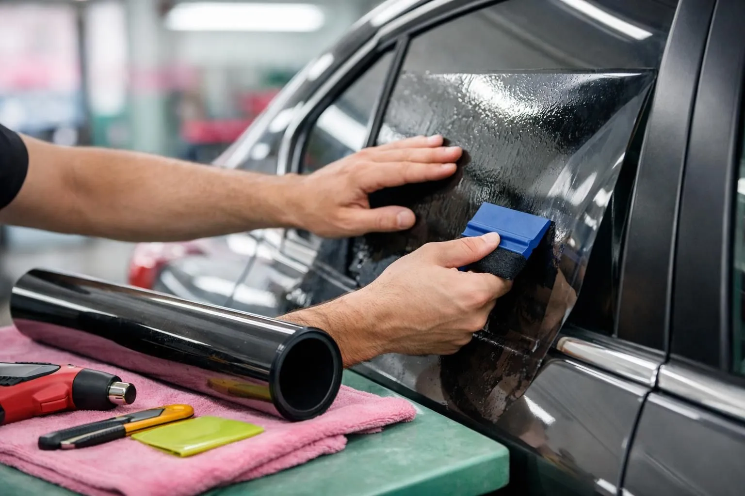 Professional car technician applying window tinting film to a car's side window in a clean workshop environment, showing hands working carefully with tinting tools and film roll, automotive service setting with natural lighting