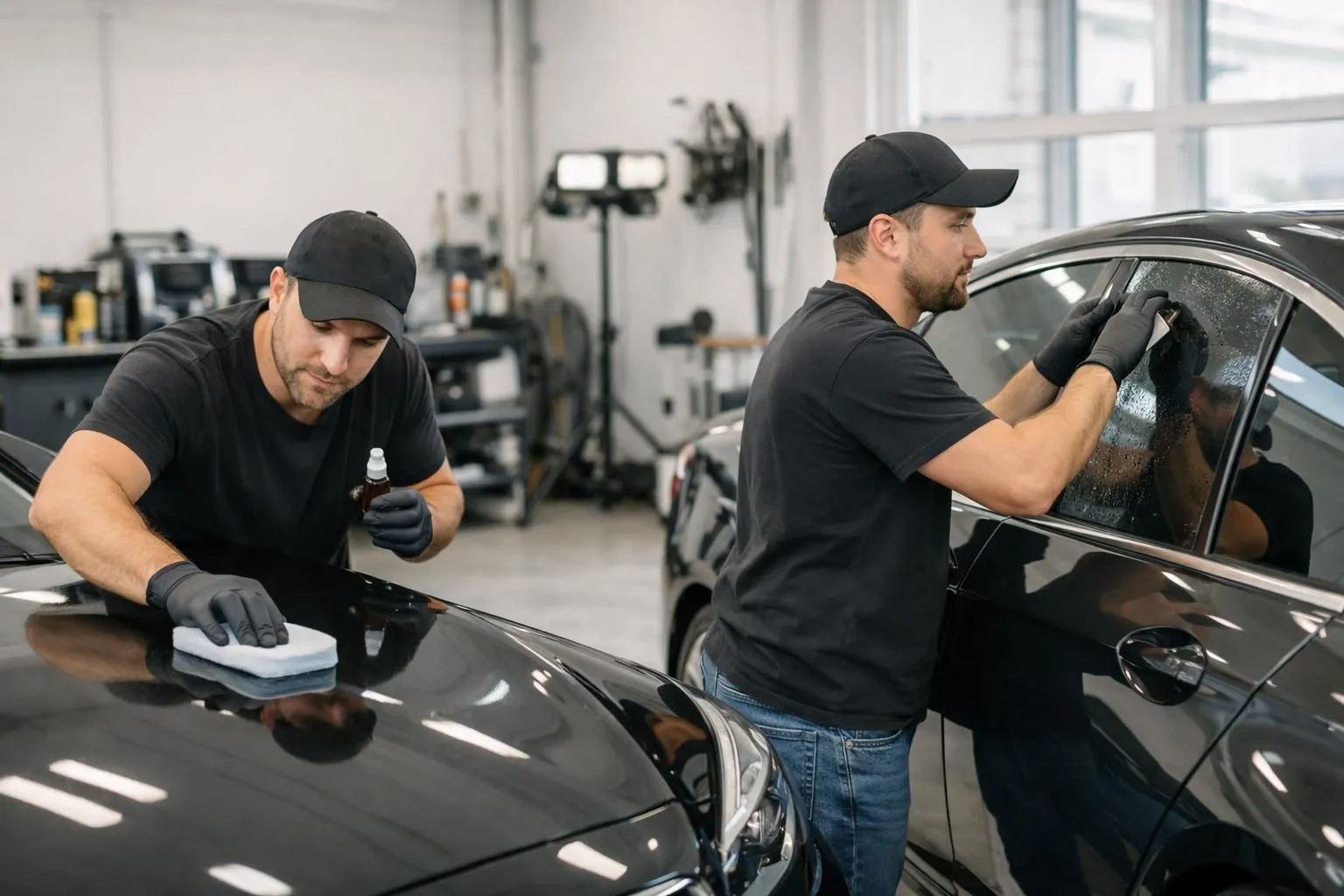 Professional automotive detailing workshop showing a luxury vehicle undergoing ceramic coating application and window tinting process, with skilled technicians in clean modern facility with professional equipment visible