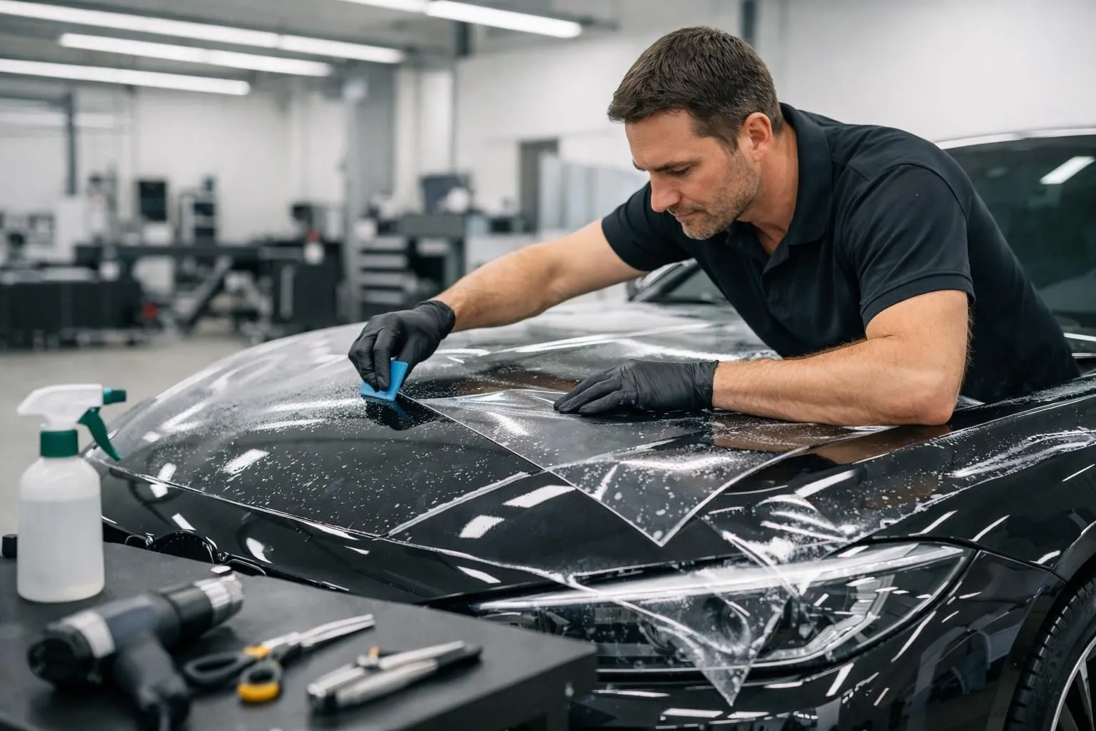 Professional technician carefully applying transparent PPF film on luxury car hood in modern Lausanne workshop, precision cutting and installation tools visible, clean bright environment with vehicle protection focus