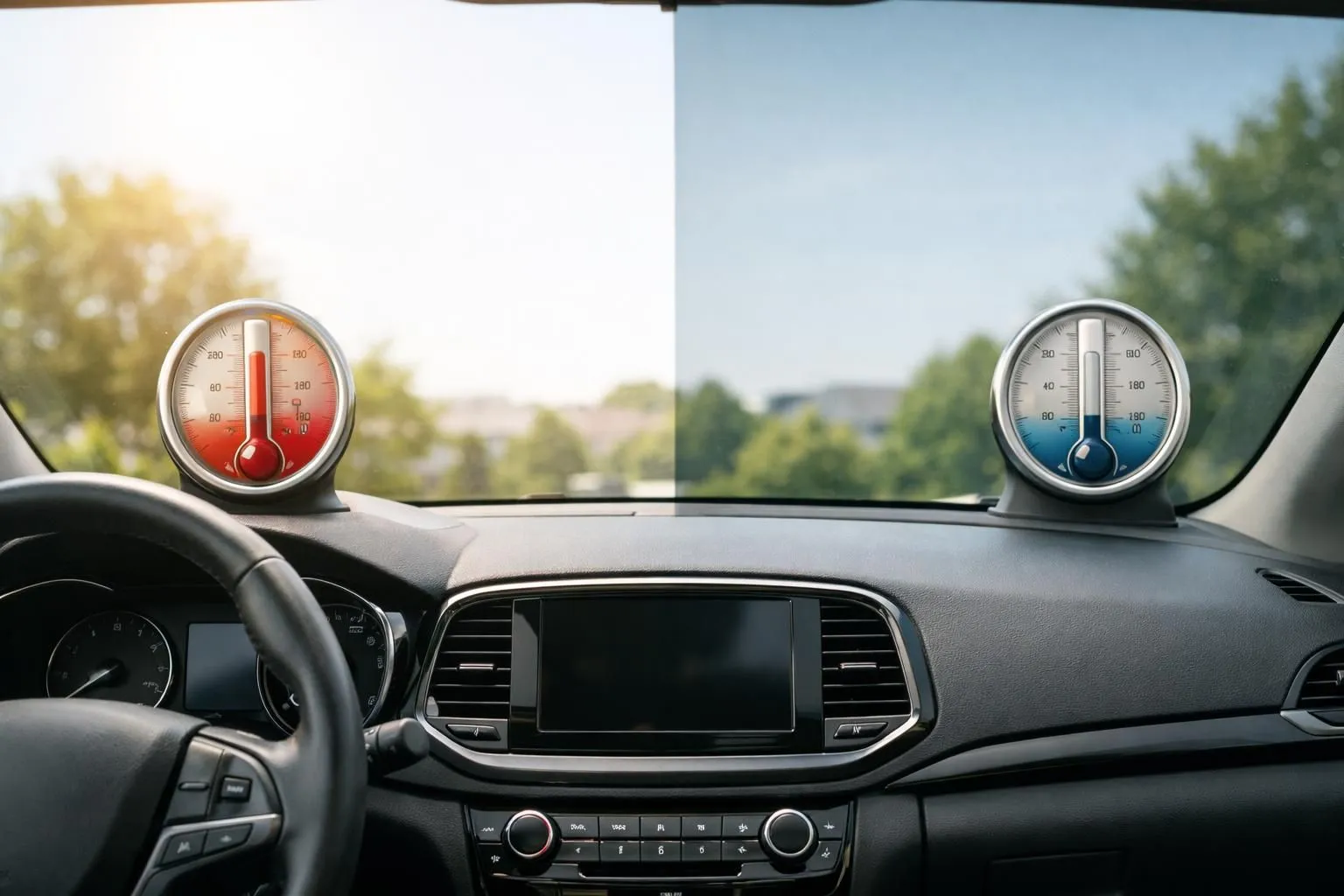 Split-screen view of car interior showing dashboard thermometer comparison: left side with intense sunlight through untinted window showing high temperature, right side with ceramic-tinted window showing cooler temperature, visible temperature difference on dashboard display