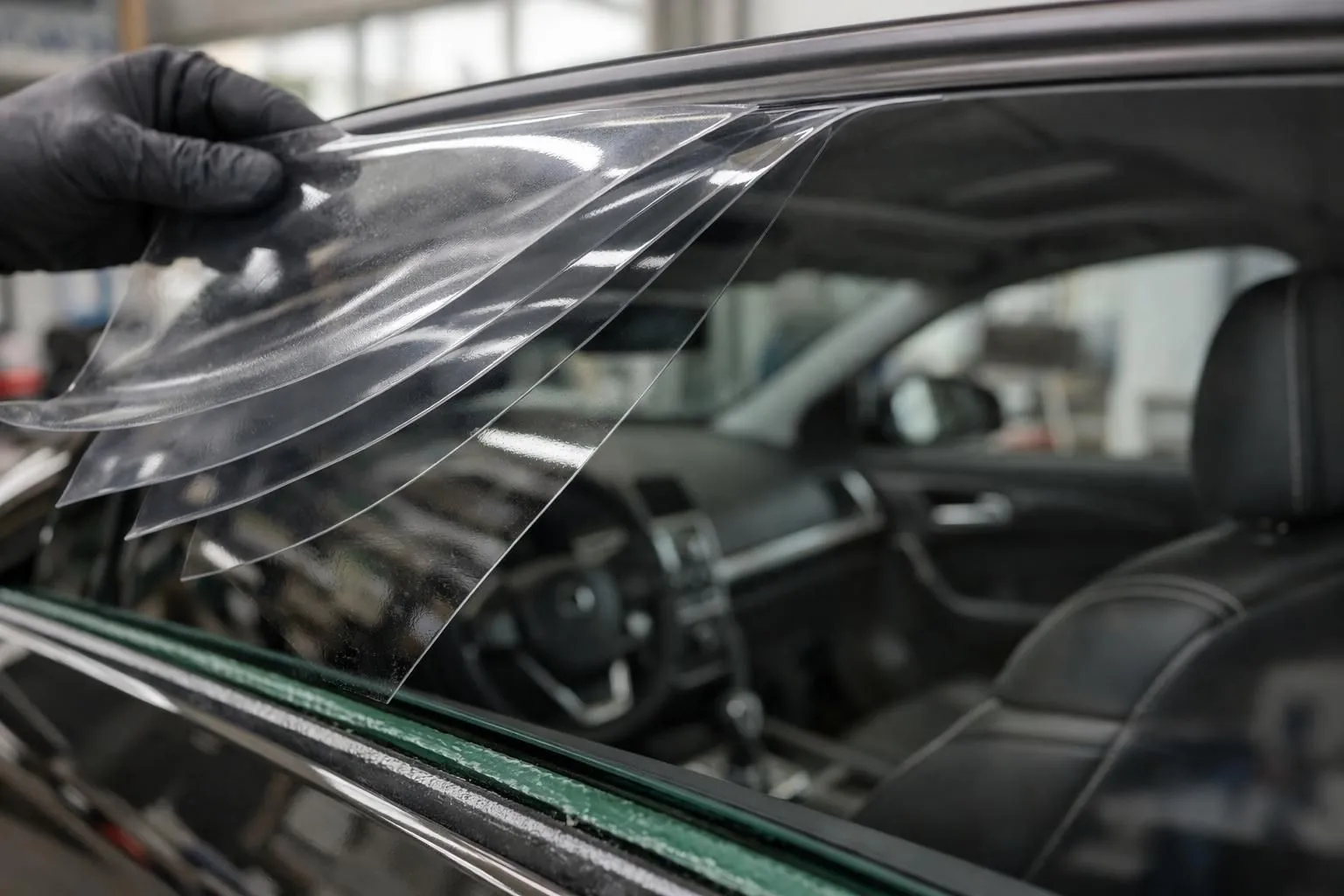 Professional installer applying multilayer security film on car window in Lausanne automotive workshop, cross-section view showing transparent protective layers bonded to glass surface, modern vehicle interior visible through tinted window, natural workshop lighting, realistic photographic style, no text or labels visible