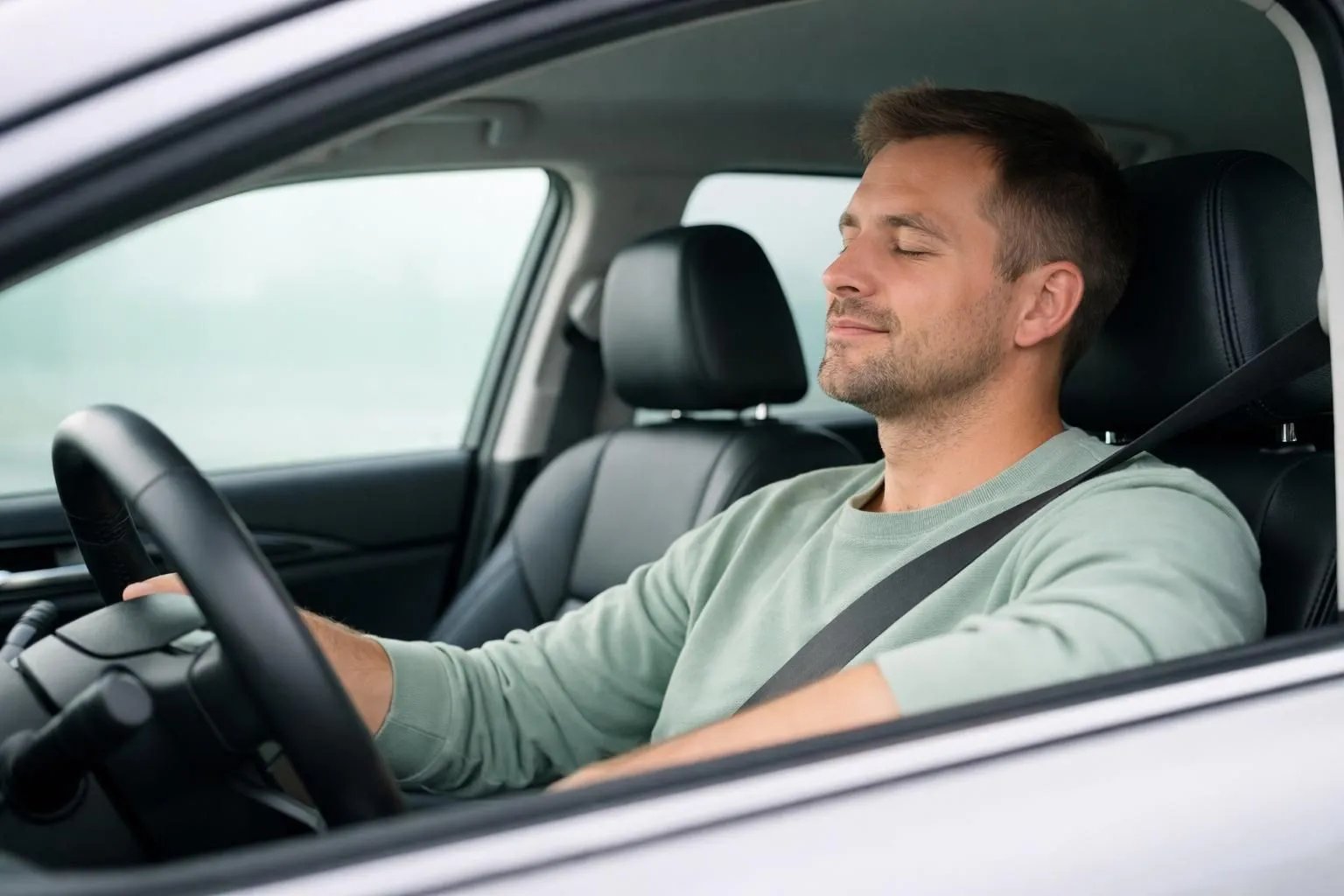 Interior view of a modern car with professionally tinted windows, showing a relaxed driver enjoying comfortable conditions on a sunny day in the Lausanne region, with visible dashboard and steering wheel, natural lighting filtered through tinted glass
