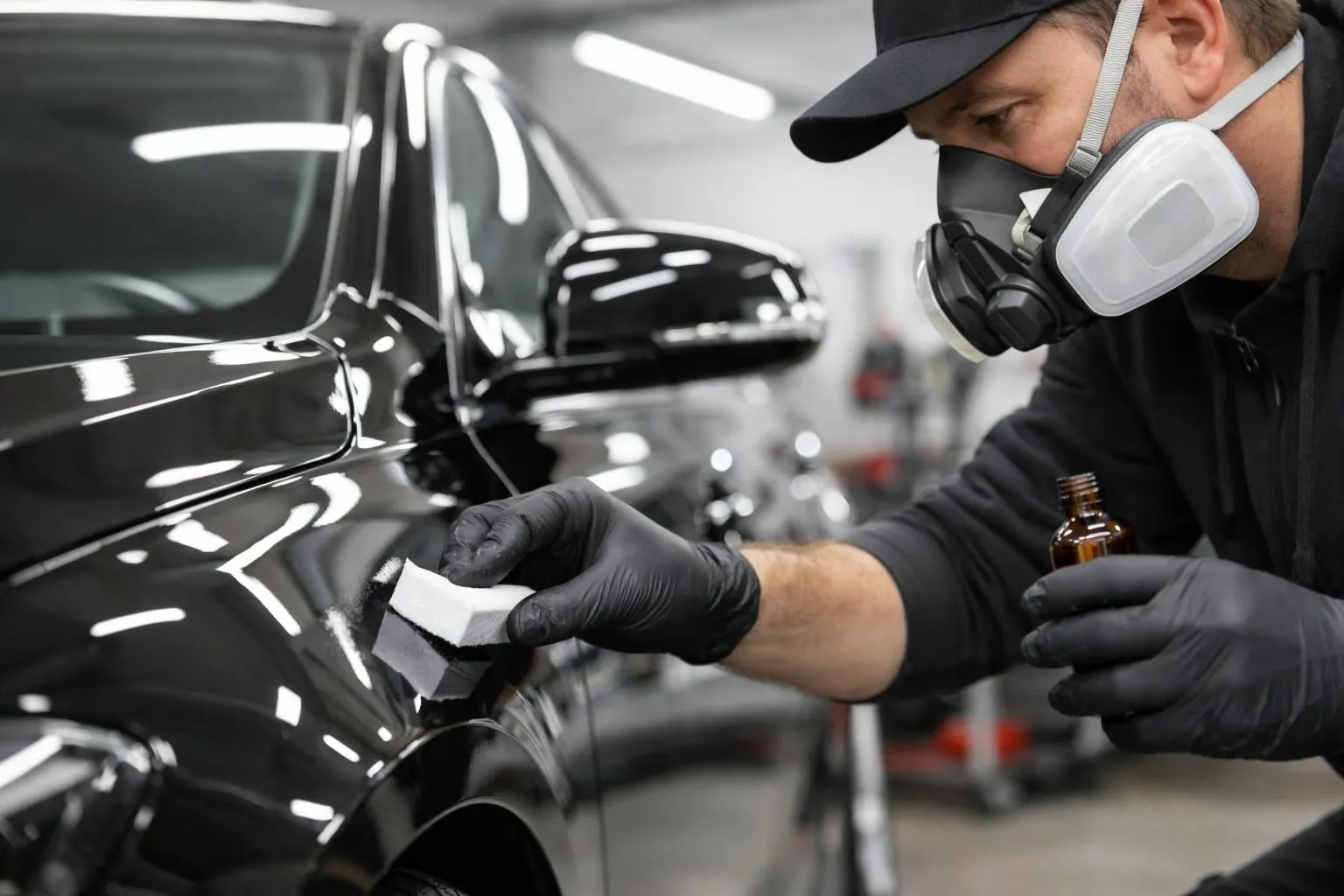Professional automotive detailer applying ceramic coating on luxury car hood in modern Swiss workshop, bright lighting showing glossy black paint surface with application pad and protective equipment visible