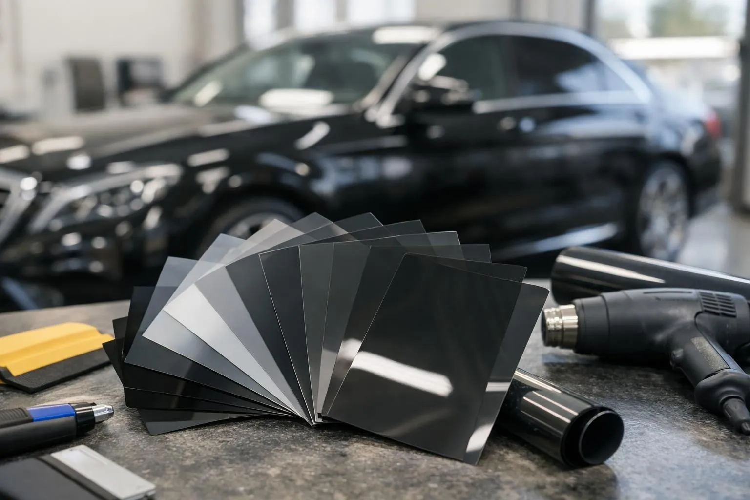 Professional automotive window tinting workshop showing three sample sheets of different film types (standard, metallic, ceramic) laid out on a clean workbench with installation tools and a luxury vehicle visible in the background, natural lighting highlighting the film quality differences