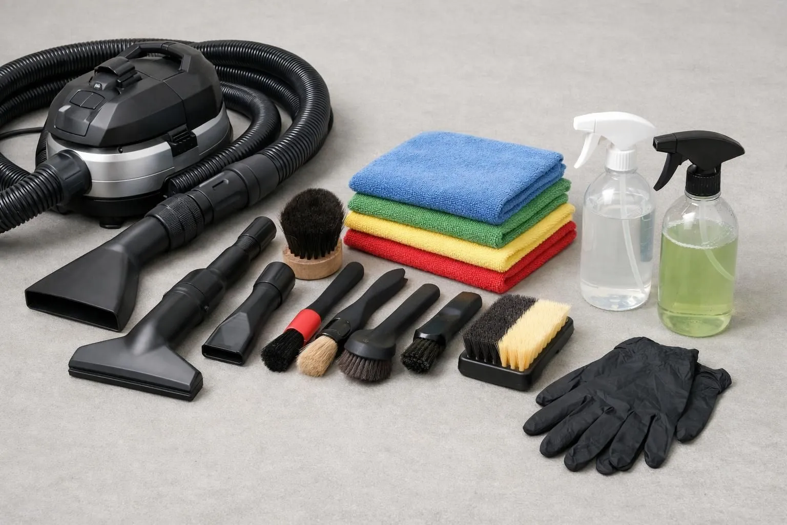 Professional car interior cleaning tools laid out on a clean surface: high-power vacuum with specialized nozzles, various professional brushes with soft and hard bristles, premium microfiber cloths in different colors, spray bottles with cleaning solutions, and protective equipment including gloves, showcasing the complete arsenal used by detailing professionals