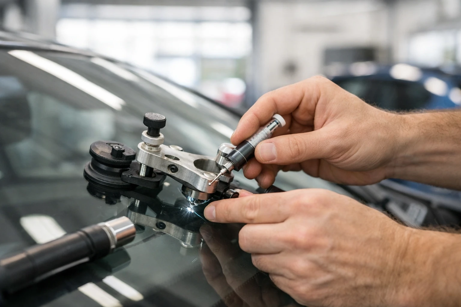 Atelier moderne Tech Car à Lausanne montrant un technicien professionnel en train de réparer un pare-brise fissuré sur une voiture, équipement spécialisé visible en arrière-plan, ambiance lumineuse et accueillante, qualité professionnelle