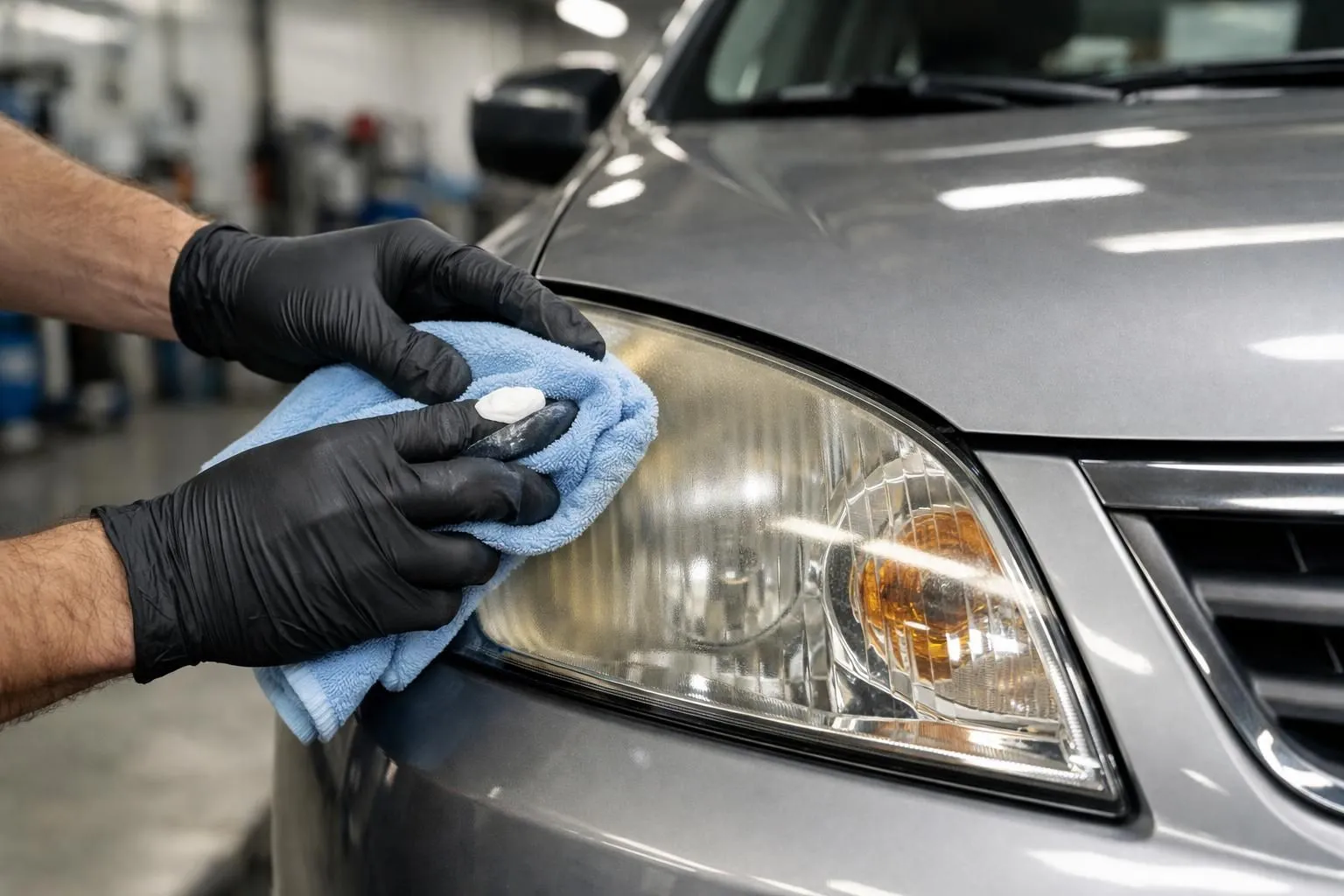 Professional mechanic wearing gloves carefully polishing a car headlight with specialized compound and microfiber cloth in a modern automotive workshop with professional lighting, close-up view showing the detailed restoration process of a yellowed headlight lens becoming clear again