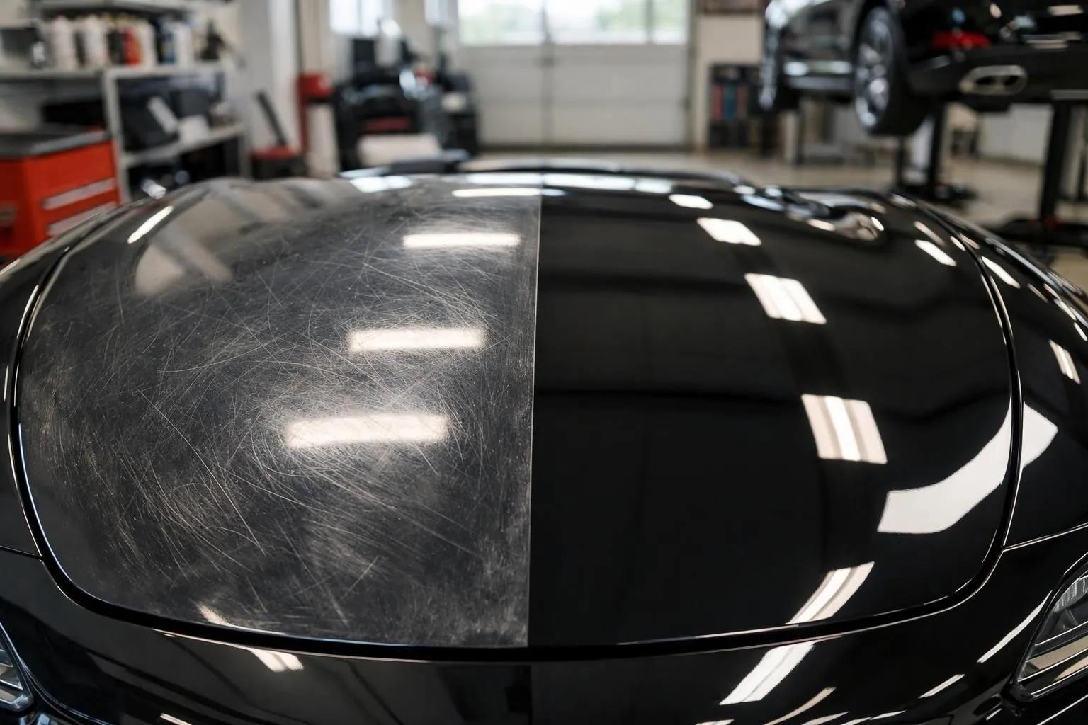 Professional detailer working on luxury car hood in modern Swiss workshop, showing before-after split with swirl marks on left side and mirror-finish glossy paint on right side, natural daylight, high-end automotive detailing environment