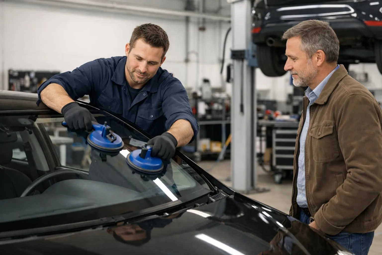 Professional automotive technician in modern workshop installing new windshield on car at Tech Car service center in Romanel-sur-Lausanne, customer watching repair process in clean well-lit facility with quality equipment and tools visible
