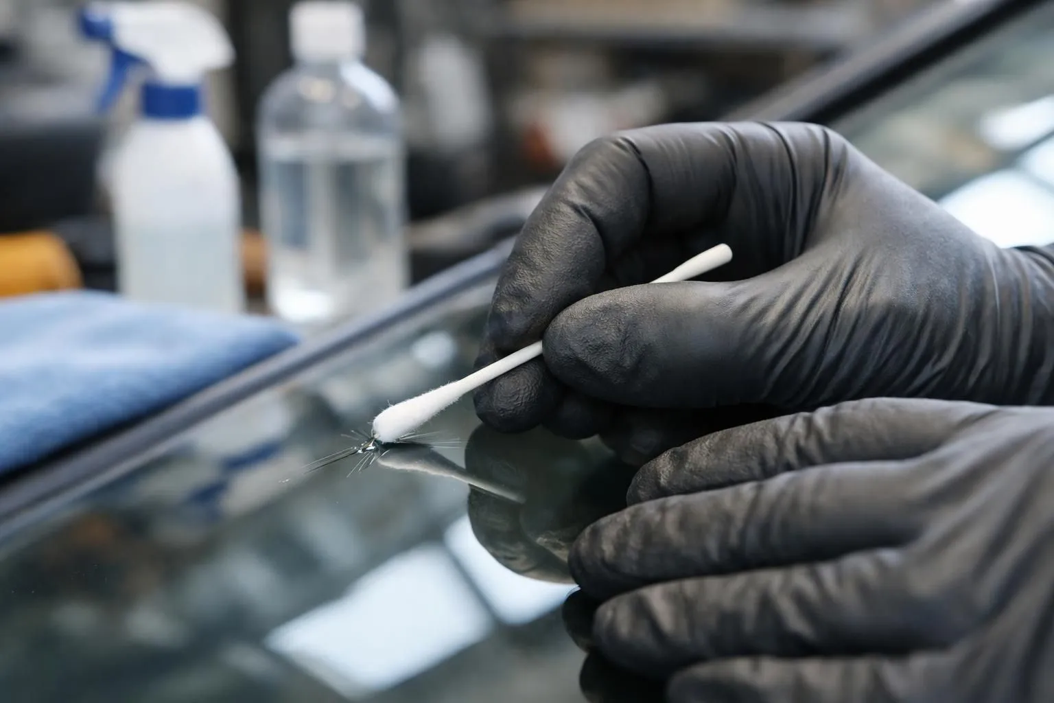 Close-up of gloved hands meticulously cleaning a small windshield chip with a cotton swab dipped in isopropyl alcohol, professional automotive repair setting with cleaning supplies visible, natural lighting highlighting glass surface detail
