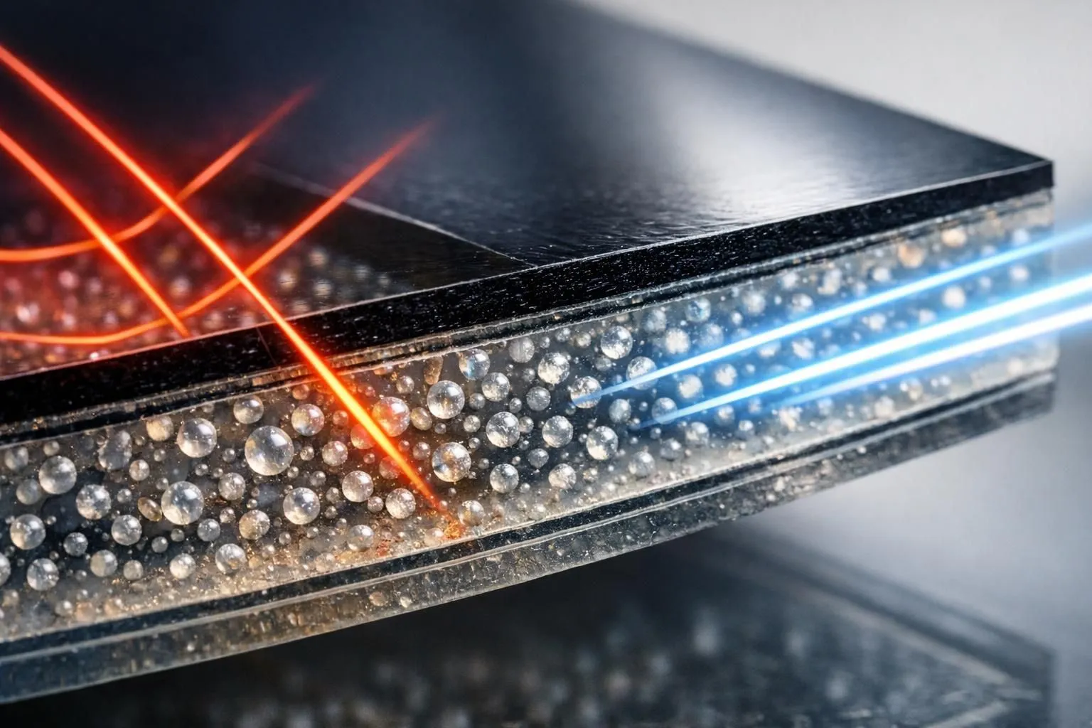 Microscopic cross-section view of multi-layered ceramic window film showing transparent nano-ceramic particles embedded in adhesive layers, with infrared rays being deflected while visible light passes through, scientific visualization style with blue and amber light rays, no text or labels