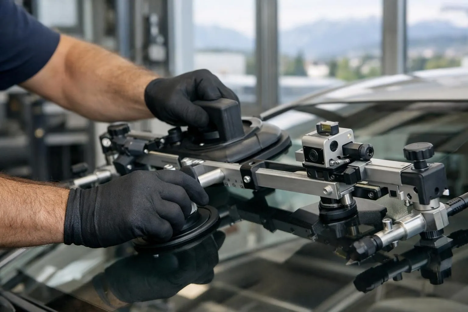 Professional certified technician installing automotive windshield with specialized calibration tools in modern workshop with vehicle structure visible, Lausanne Switzerland setting, natural daylight, technical precision close-up showing hands positioning glass with measurement equipment, no text or logos