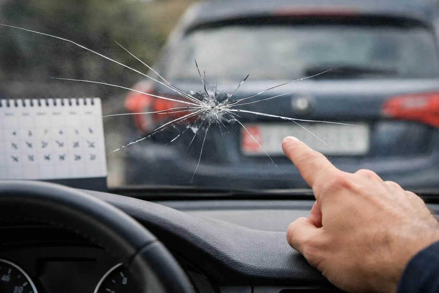 Close-up of spreading windshield crack with calendar showing missed days, Swiss license plate visible, frustrated driver's hand in frame pointing at damage, realistic automotive photography style, natural lighting