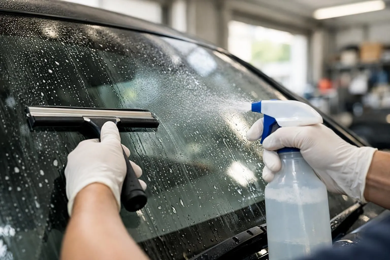 Close-up of hands wearing latex gloves meticulously cleaning a car window with a professional squeegee and spray bottle, water droplets visible on the glass surface, bright natural lighting, realistic automotive detailing scene in Lausanne garage setting