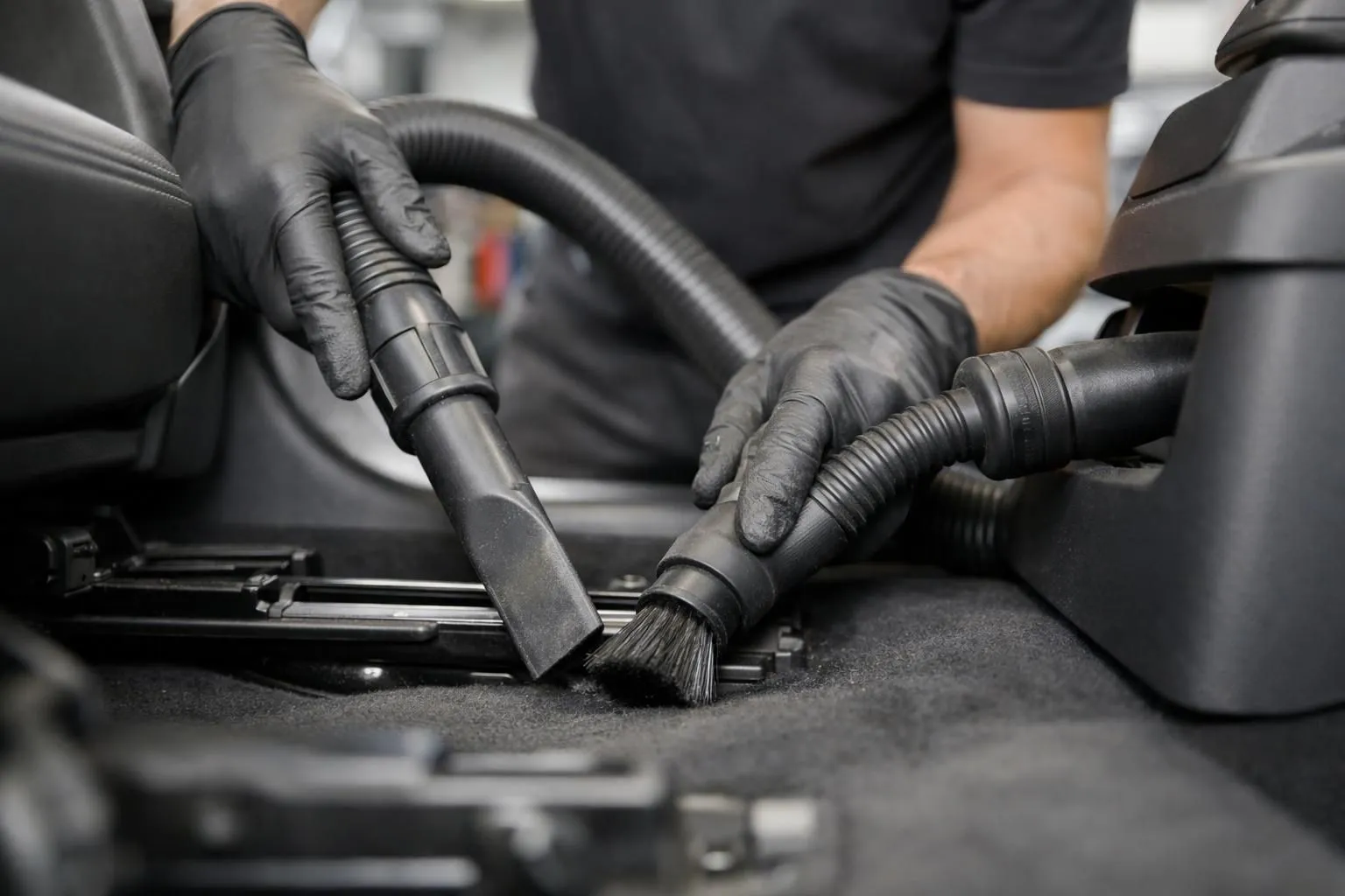 Professional detailer using industrial vacuum cleaner with multiple specialized attachments inside car interior, focusing on seat rails and hard-to-reach crevices in a modern vehicle cabin. Clear view of vacuum hose reaching between seat tracks and under dashboard areas. Natural lighting highlights dust removal process. Real automotive detailing scene in Switzerland workshop setting.