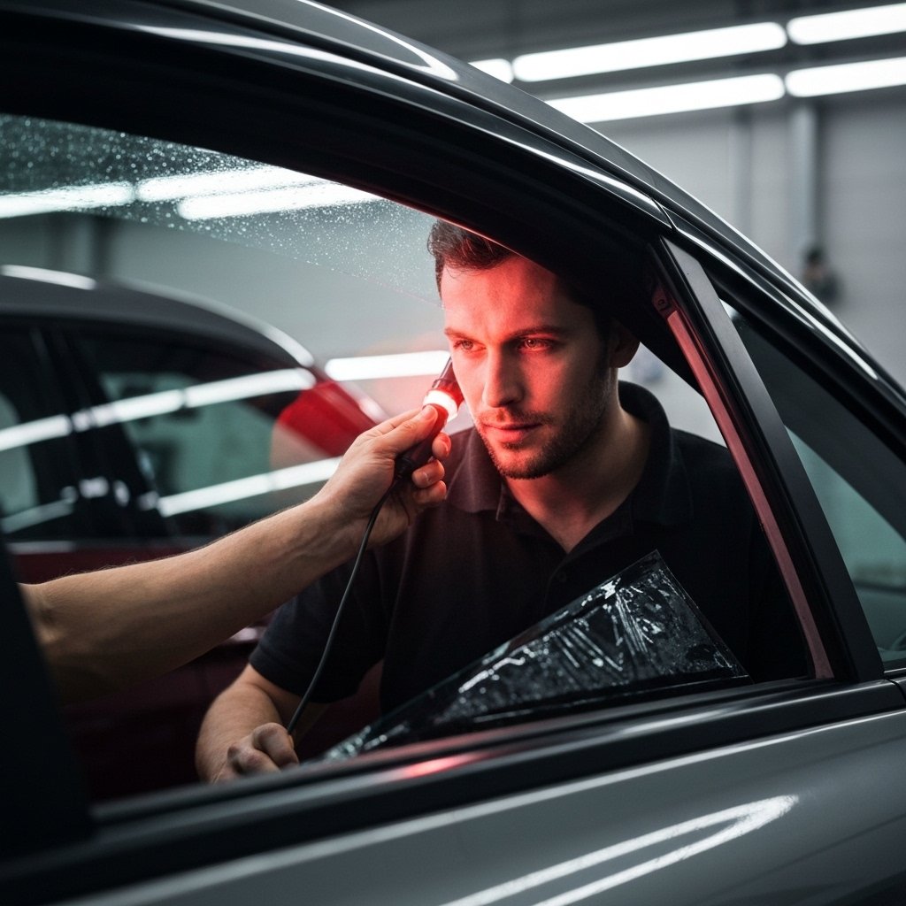 Mechanic examining car window film quality with inspection light in automotive workshop, close-up of professional checking film installation, realistic lighting
