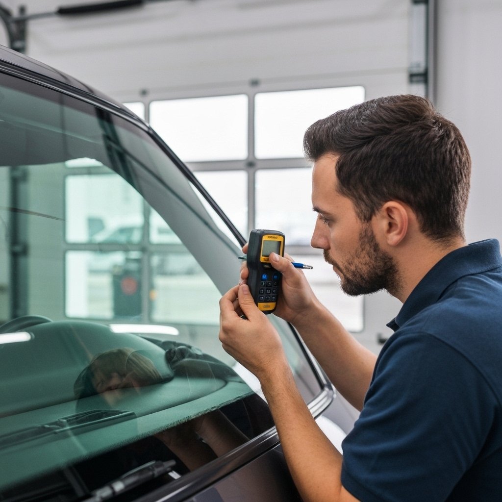 Professional technician measuring car window tint transparency with handheld luxmeter device, close-up shot showing measurement tool against automotive glass in modern garage setting
