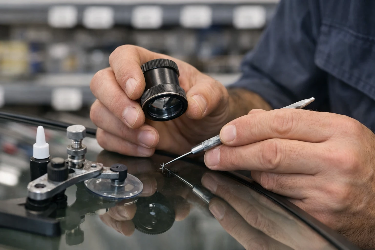 Close-up view of an automotive technician's hands examining a small chip on a car windshield with specialized tools, showing the decision point between repair and replacement, with price tags or cost documents visible in the background, realistic professional automotive service environment in Switzerland