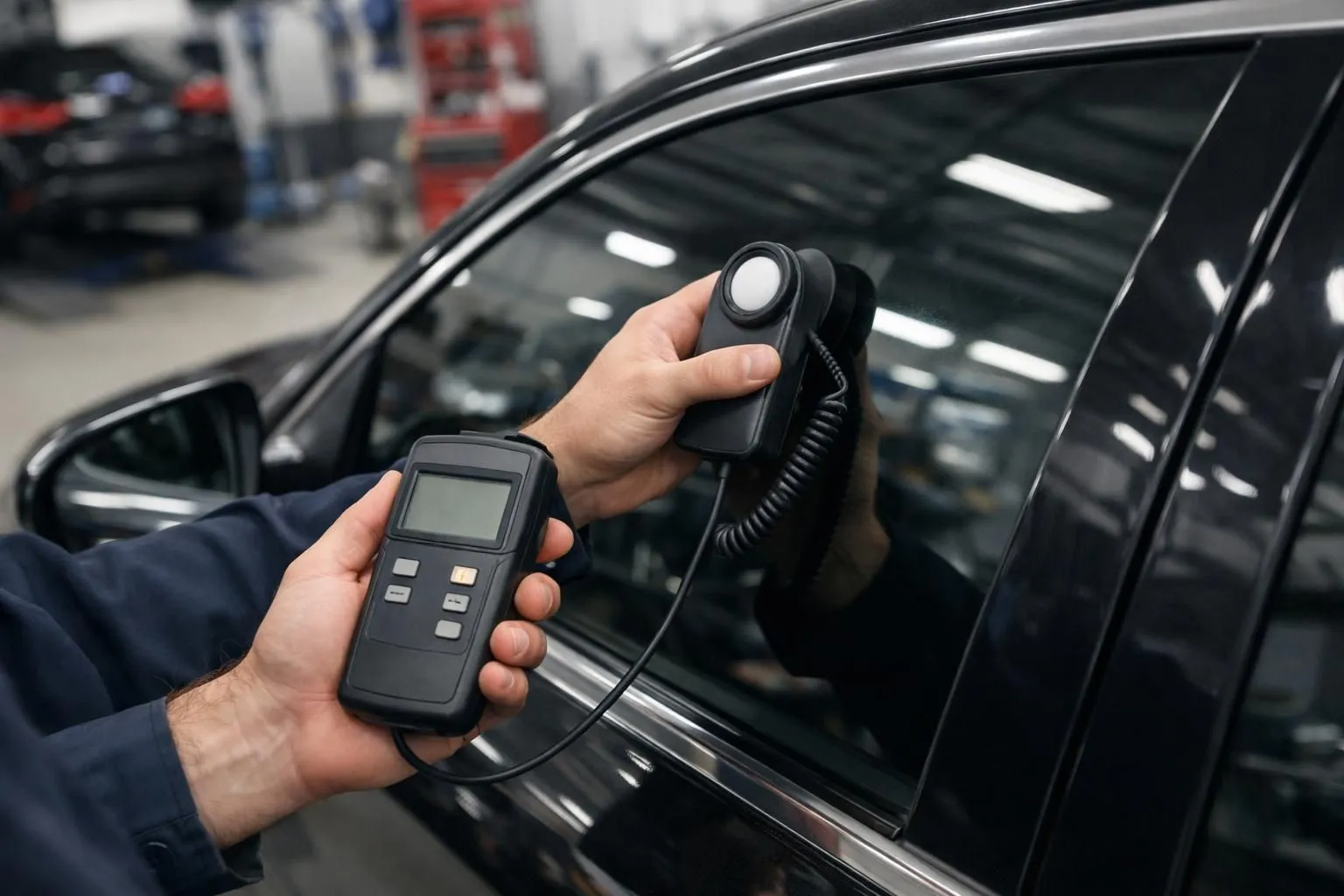 Professional automotive technician using a specialized light transmission meter to measure window tint percentage on a modern car's side window in a well-lit workshop, with visible measurement device display and tinted glass being tested, realistic professional setting showing quality control process for Swiss vehicle window tinting compliance