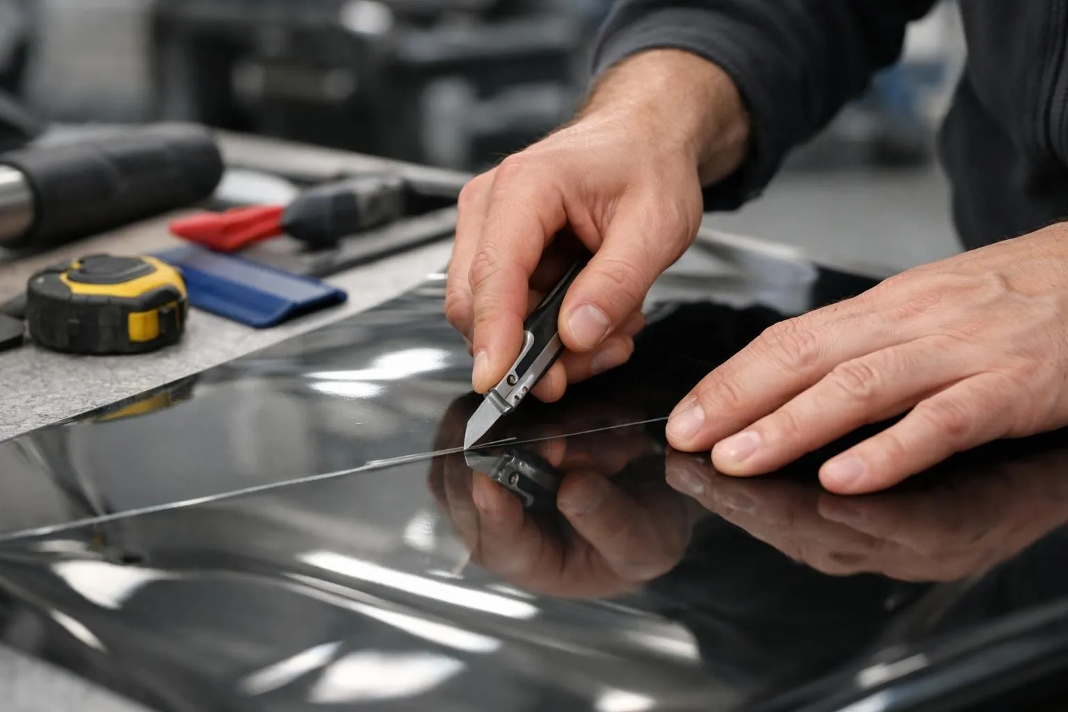 Mains d'un artisan utilisant un cutter professionnel pour découper avec précision un film teinté foncé posé sur une grande table de travail éclairée, avec un mètre ruban et des outils de mesure visibles à proximité, atelier automobile réaliste